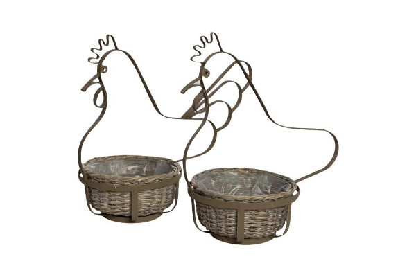 Metall-Hühnerrahmen mit Weidenkorb khaki, weiß gew., 39x44(Ø25)+52x44